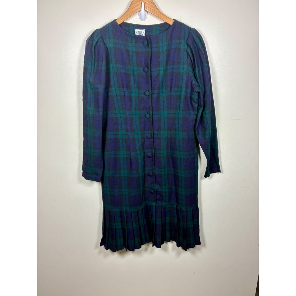Vintage Laura Ashley Wool Tartan Plaid Dress Size M Drop Waist Pleated Skirt 80s